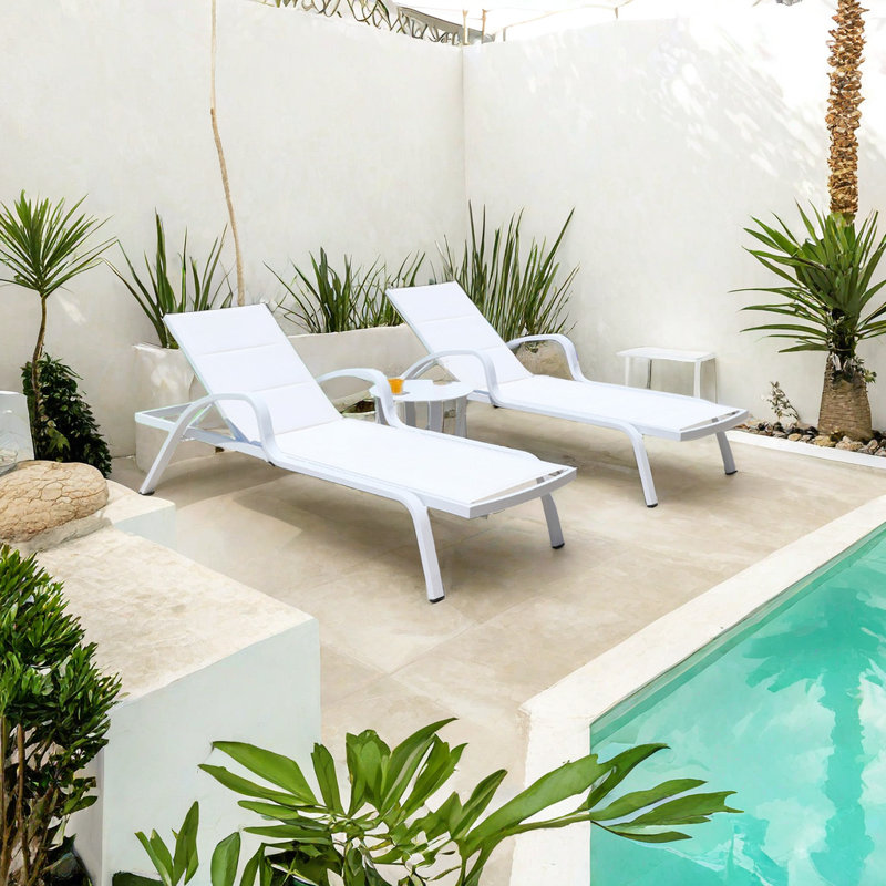 Adjustable Poolside Sunbed Outdoor Metal Chaise Lounge Set with Table