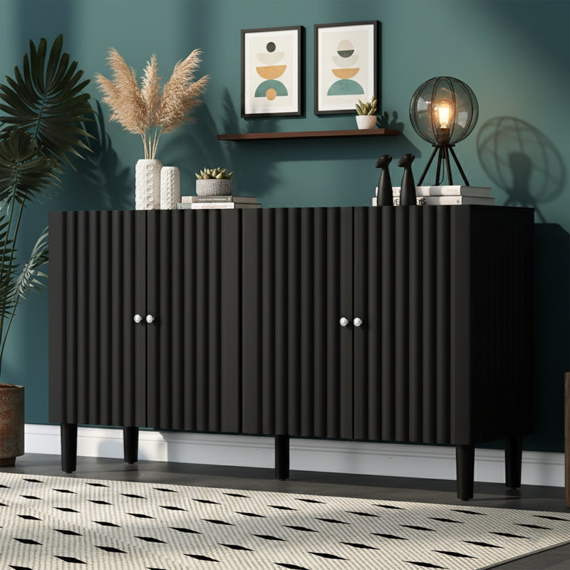 Buffet noir moderne de 58 pouces de large avec portes à motif ondulé, armoire de rangement de 32 po de hauteur avec tablettes réglables et poignées en métal, noir