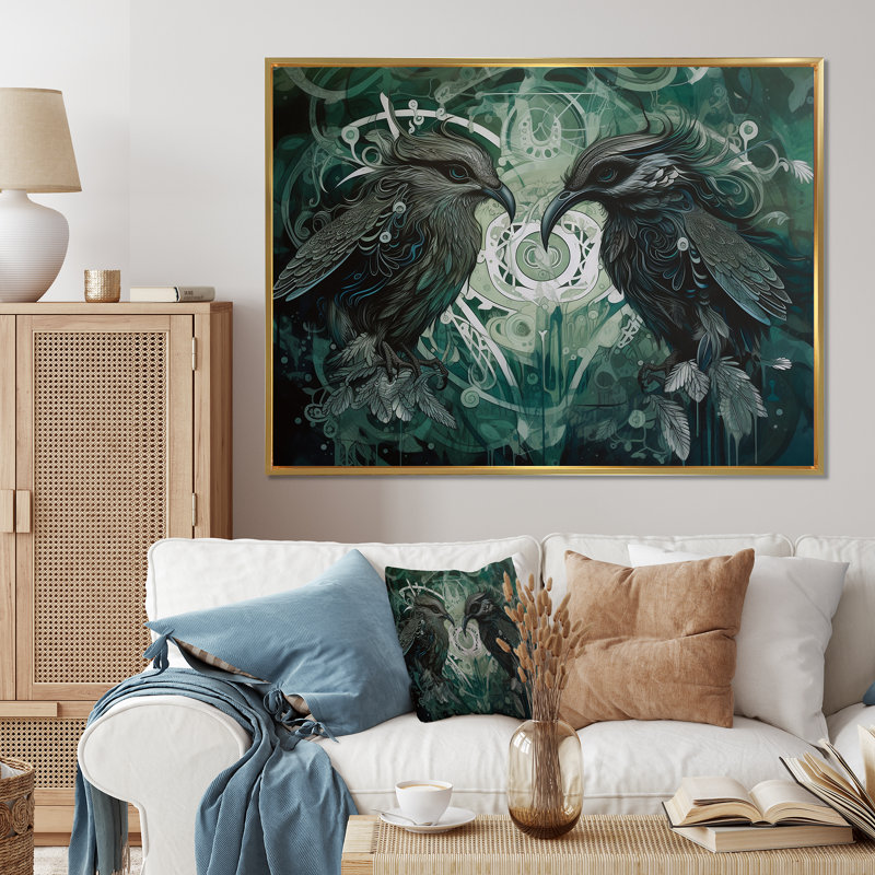 " Black Crow In Retro Green ", 24" H x 32" W x 1" D, Gold Floater Framed