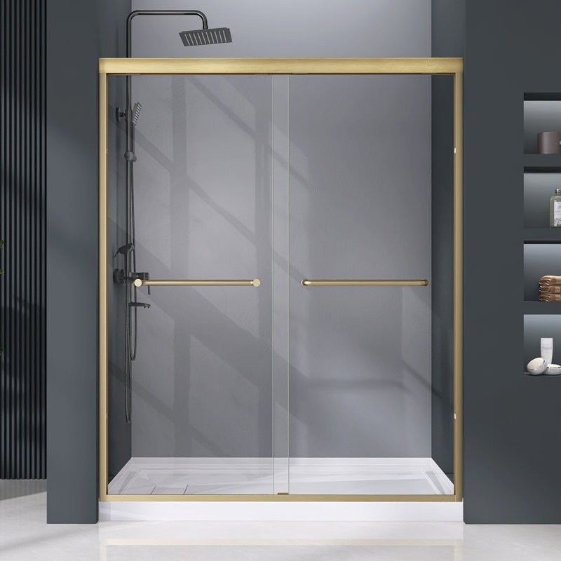 56" - 60" W X 72" H Double Sliding Semi-Frameless Shower Door With 1/4" Clear Tempered Glass, Brushed Gold