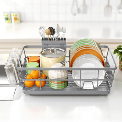 Dish Drying Rack for Kitchen Counter,12.4"W x 16.5"L x 7.2",Stainless Steel Sink Organization,Removable Utensil & Cup Holder,Quick Drainage,Large Capacity(Gray)