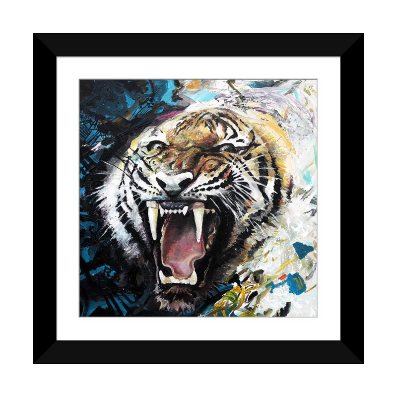 « tiger roar », impression sur toile, H 24 po x l 24 po x P 1 po, Papier avec cadre noir, Blanc