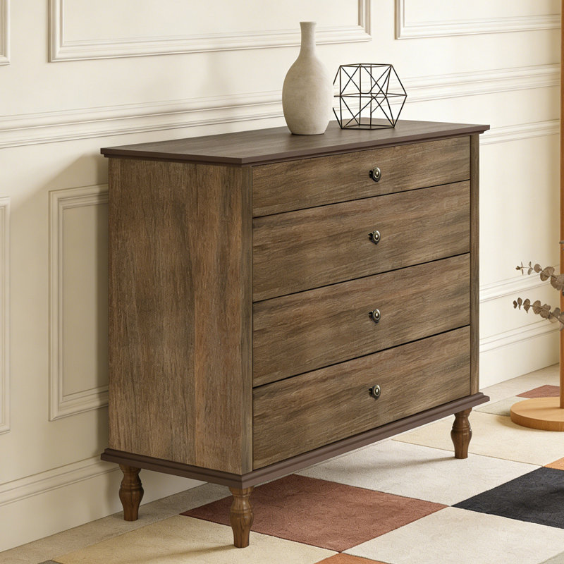 Large 4-Drawer Chest with Solid Wood Foot, Deep Rustic Brown