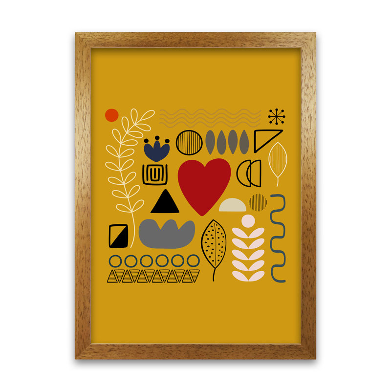 Yellow Scandinavian Abstract Shapes Original - Print, Oak Frame, 59cm H x 42cm W x 3cm D