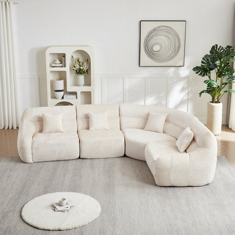 Canapé d'angle incurvé de luxe contemporain en chenille de 123,2 pouces Boneless, Chenille - Beige