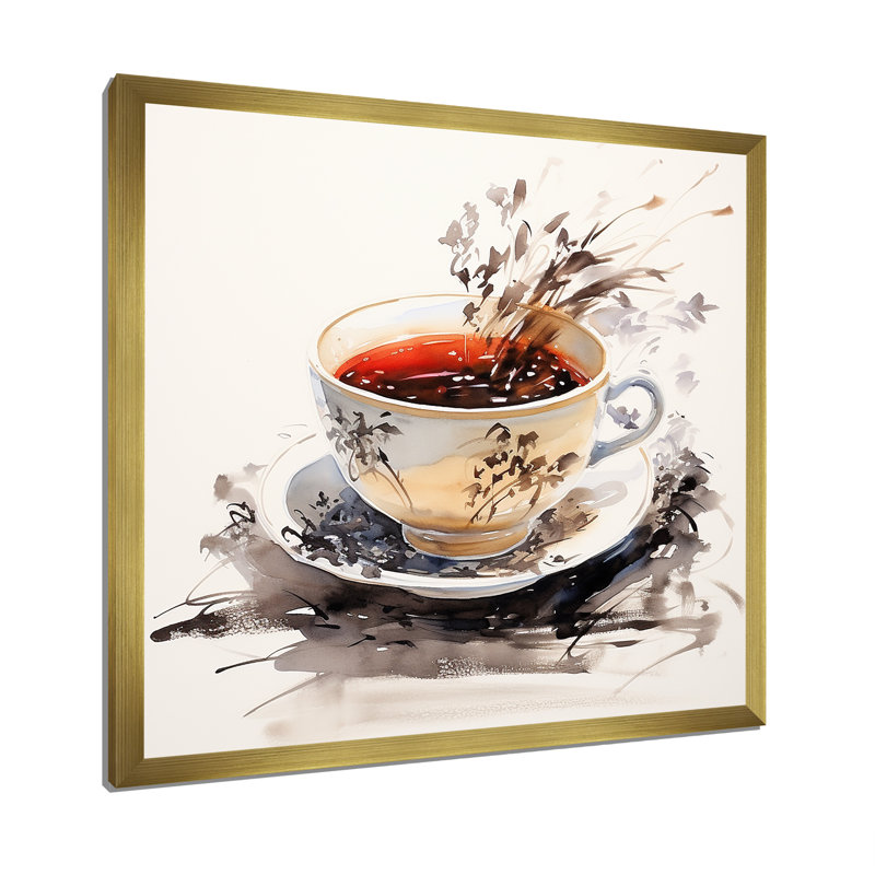 Red Red Teacup Delight I - art mural chinois, Cadre doré simple, H 36 po x l 36 po x P 1,5 po