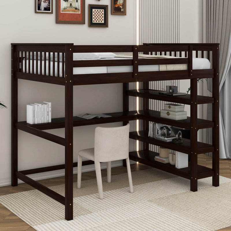 Lit mezzanine double avec tablettes et bureau, Espresso