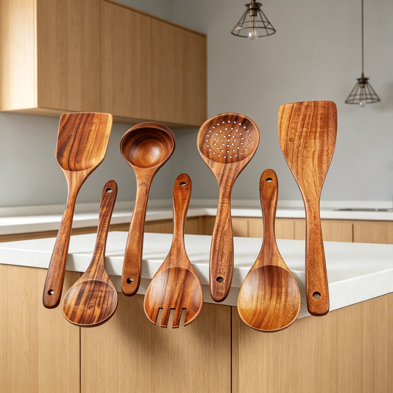 Ensemble 7 pièces d'ustensiles en bois de teck naturel pour la cuisson - cuillères anti-égratignures, spatule et louche pour batterie de cuisine antiadhésive, résistant à la chaleur avec prise confortable, ustensiles de cuisine faciles à nettoyer