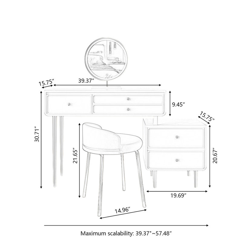 Makeup Vanity with Light mirror,5 drawers,1 chair