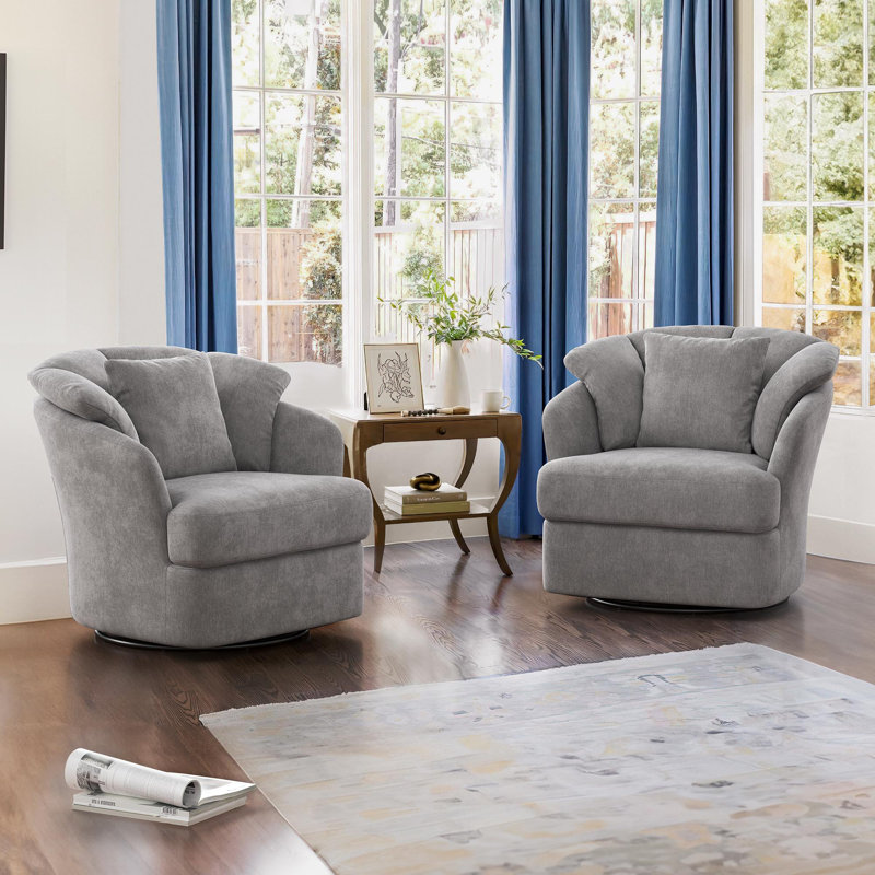 Lillyona Chenille Swivel Barrel Chairs, Gray Chenille