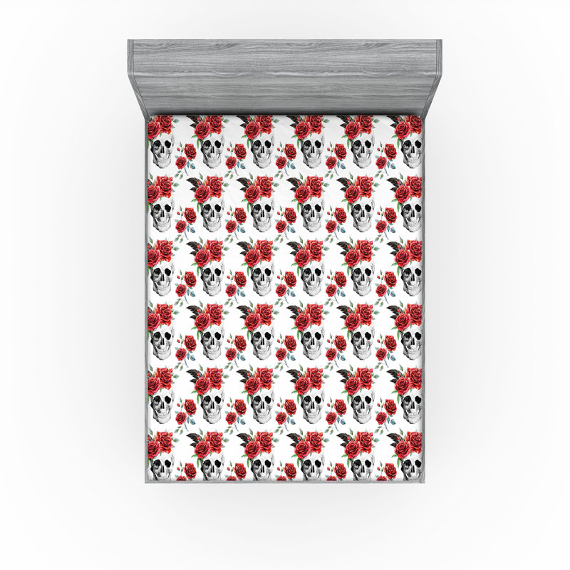 Drap-housse orange Ambesonne, Drap-housse de taille double, Vermillon / noir / vert floral