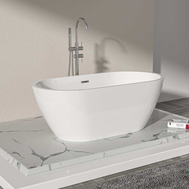 59" Freestanding Soaking Roll Top Acrylic Bathtub with Pop-up Drain White Bath Tub with Overflow Hole Timeless Charm Unmatched Comfort