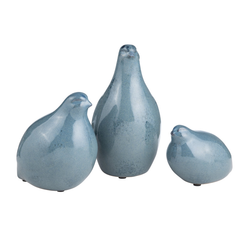 3-Piece Blue Ceramic Partridge Figurine Set