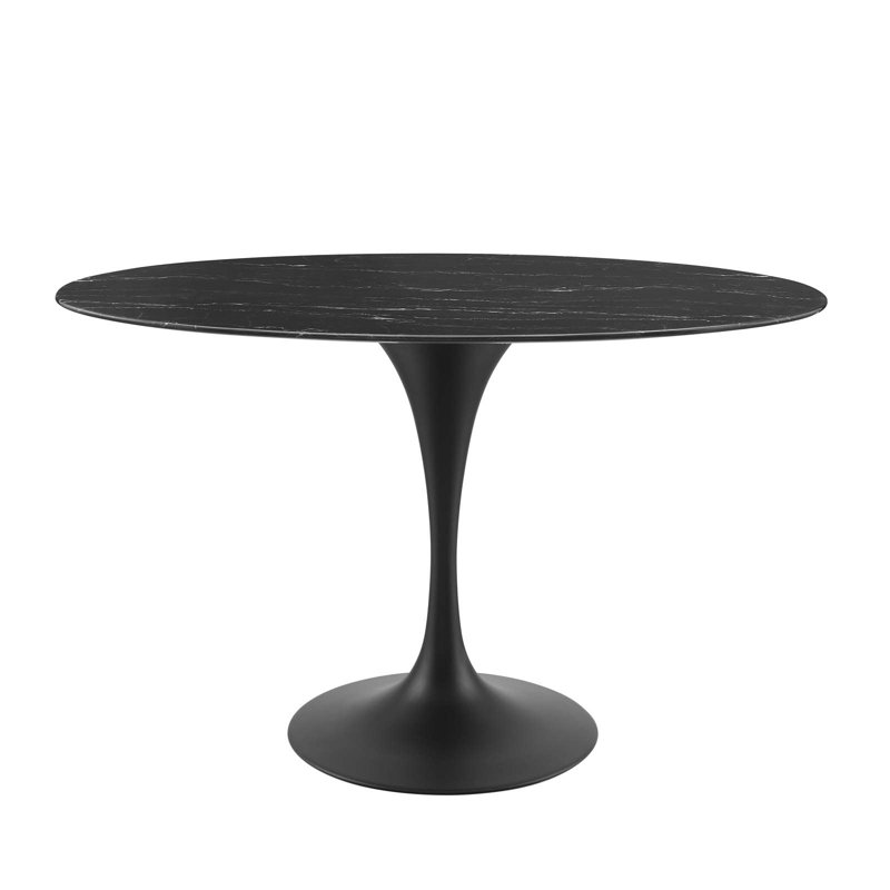Mid-Century Modern 54" Round Marble & Wood Dining Table in Black/White
