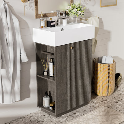 Meuble-lavabo moderne de 21,6 po avec lavabo en céramique, autoportant, gris foncé, grain de bois, portes à fermeture en douceur, armoire de rangement intelligente pour petites salles de bain, poignées en alliage de zinc, fermeture en douceur silencieuse,