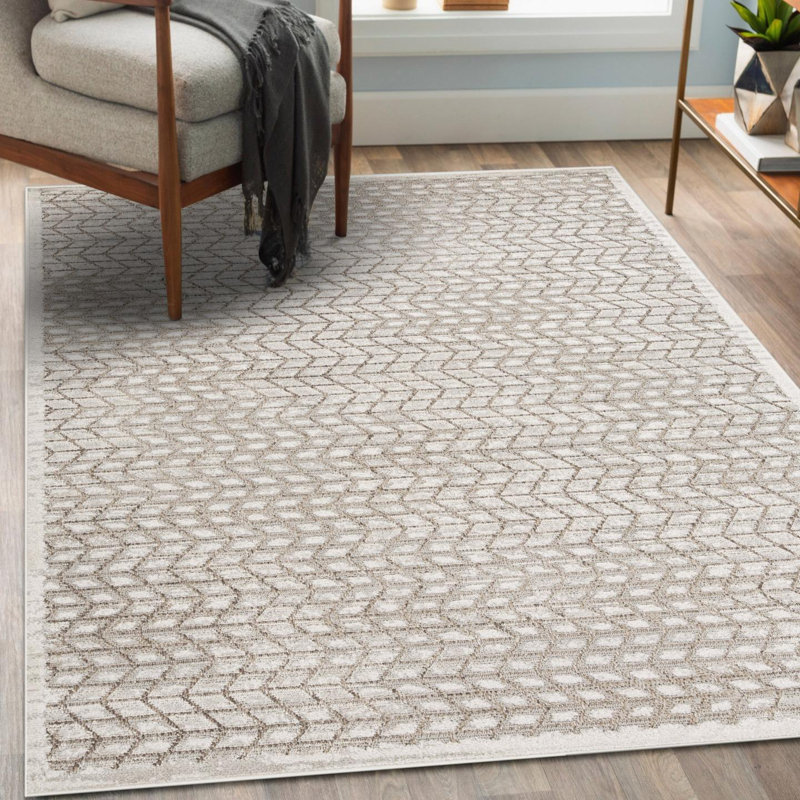 Tapis géométrique à chevrons, Champignon, 9 x 12
