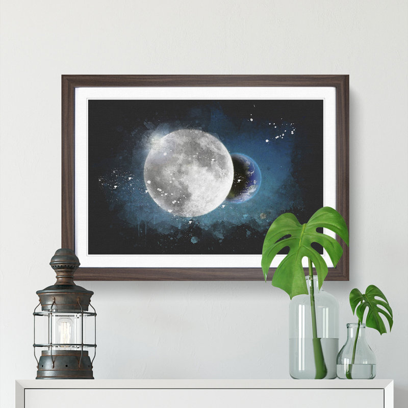 Earth Behind The Moon Paint Splash - Picture Frame Graphic Art, 62cm H x 87cm W x 2cm D, Walnut Framed