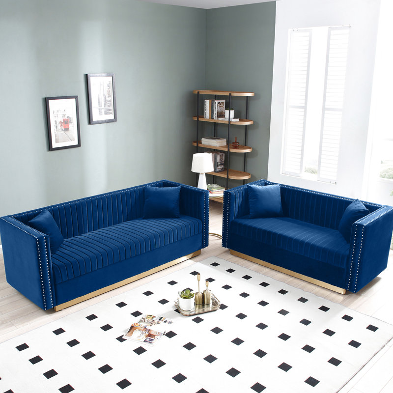 Velours bleu avec une silhouette épurée pour le salon - 2 pièces, canal vertical en velours, maison