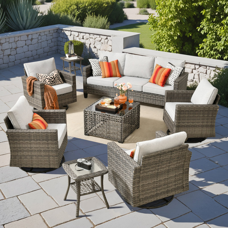 Wicker Patio Furniture 8-Piece Set, Rattan Guest Sofa Rocking + Rocking Swivel Chair Combination, Weather-Resistant And Durable Leisure Set