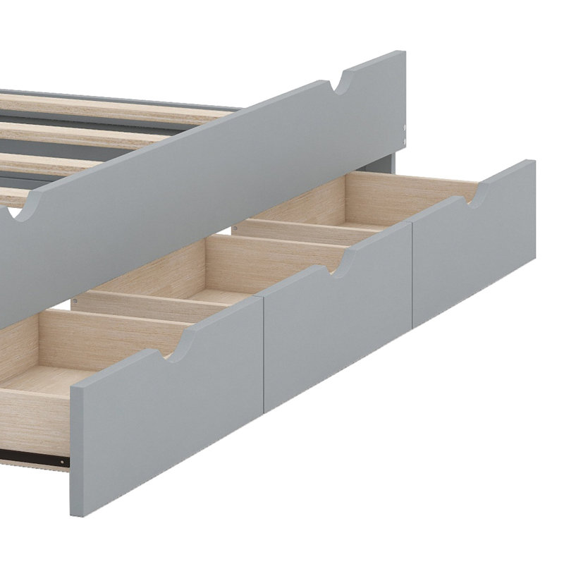 Structure de lit plateforme avec lit gigogne et 3 tiroirs, tête de lit à DEL avec rangement, Gris