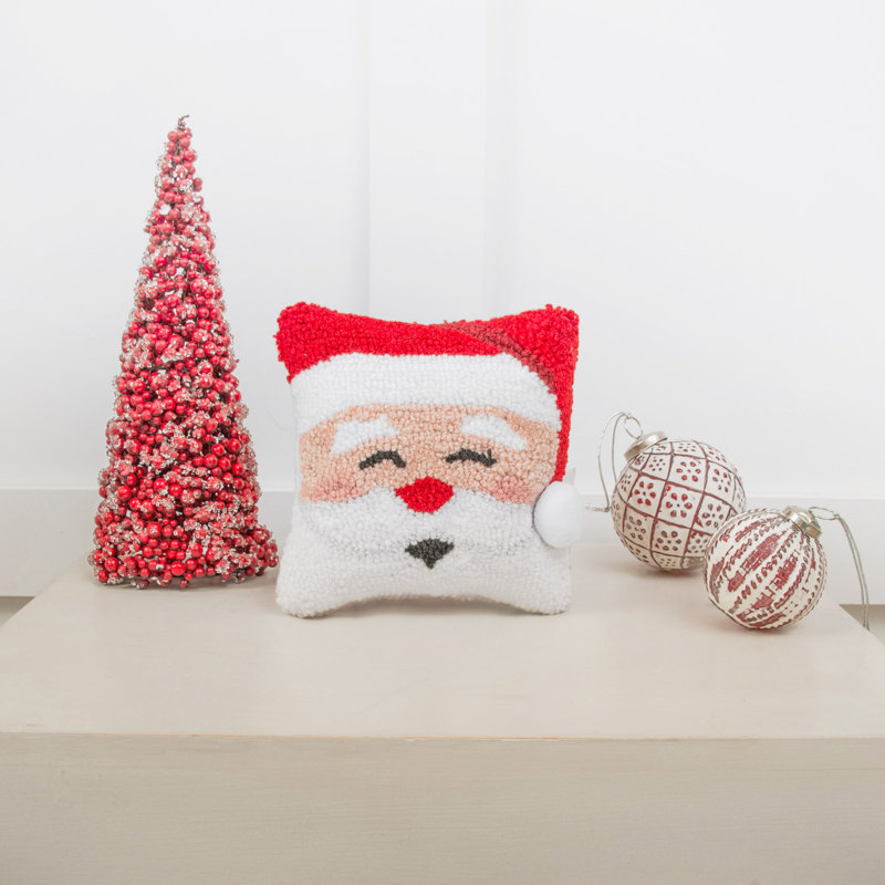 Happy Santa Red and White Hooked 8" x 8" Holiday Pillow