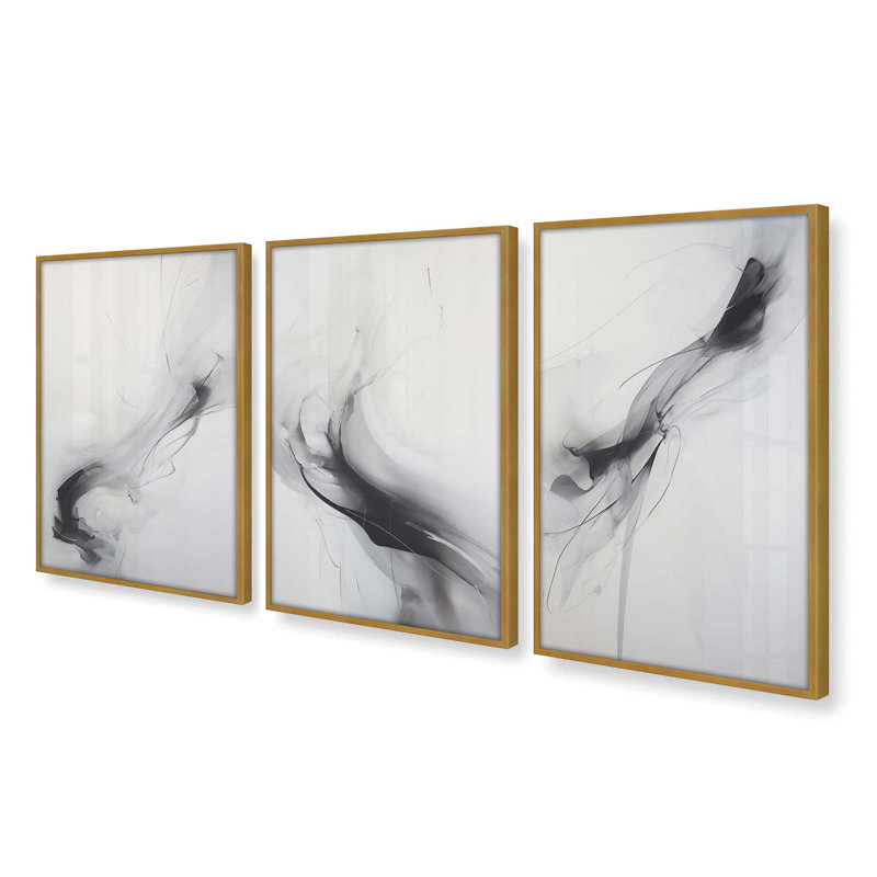 Ensemble de 3 impressions dans un cadre en érable Ethereal Smoke Dance, 16 po x 12 po, H 17,25 po x l 39,75 po, Or poli