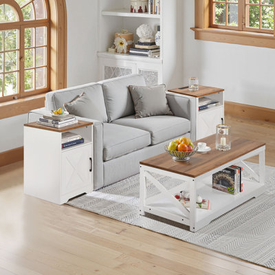 3 Pieces Farmhouse Coffee Table Sets, 40 in Industrial Coffee Table with 2 End Side Tables, Easy Assembly Coffee and End Tables Sets with Charging Station, for Office, Living Room & Apartment
