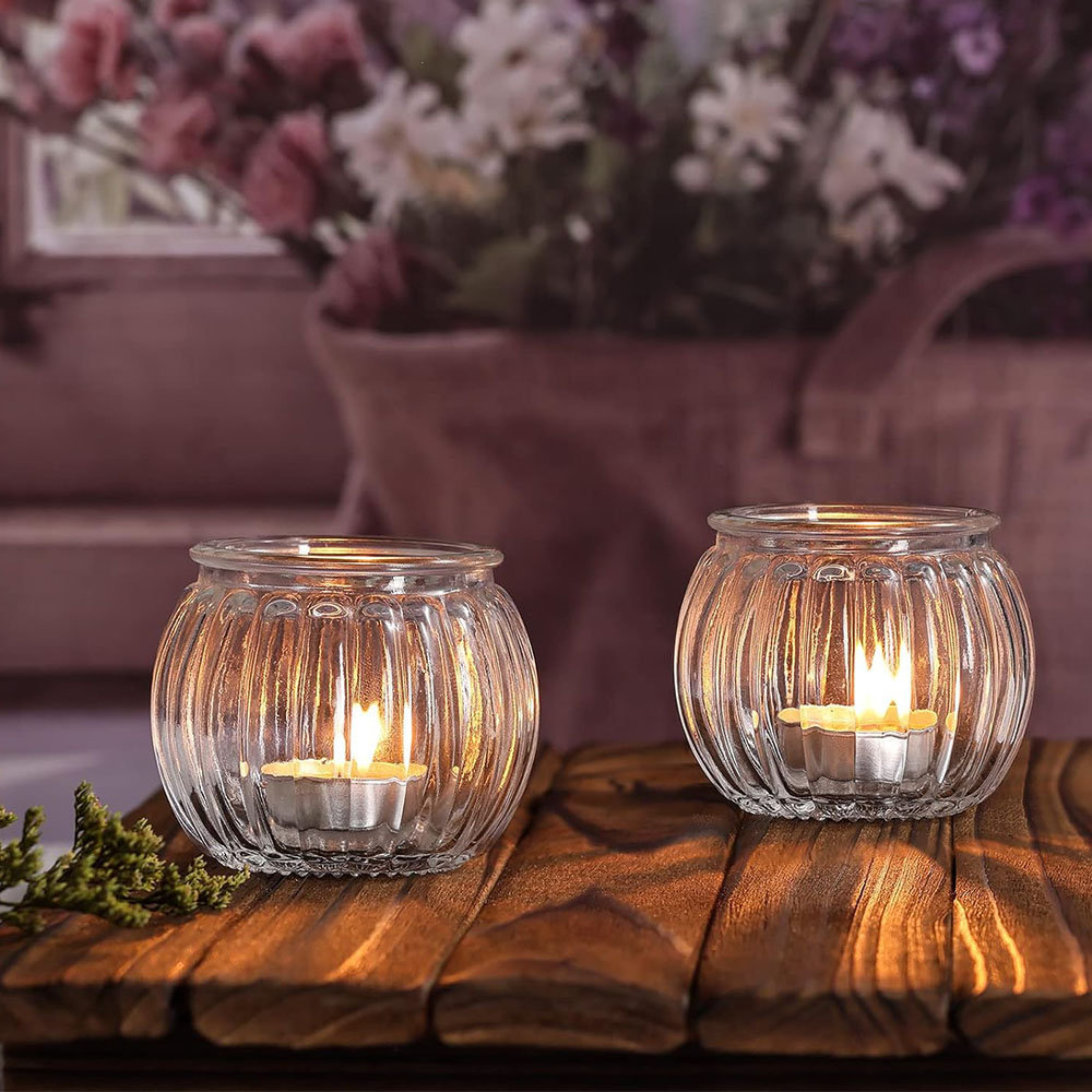 Kate Aspen Ribbed Amber-Colored Glass Votive Candle Holders (Set of 6)