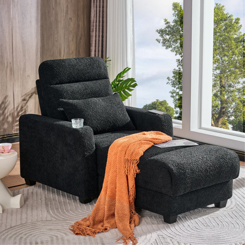 Méridienne électrique avec dossier réglable, coussin lombaire, charge sans fil et porte-gobelet, Noir