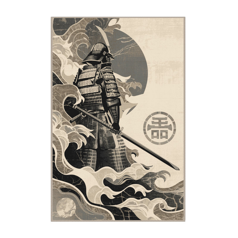 Tapis beige chic et luxueux lavable à la machine Rocco Shogun Warrior, 4 x 6