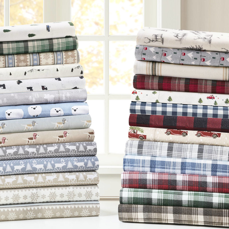 Drap 4 pièces Deer Toile, 100% flanelle de coton, côtés brossés pour plus de douceur, drap-housse élastique, avec 1 drap plat et 2 taies d'oreiller