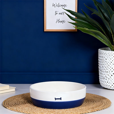 Bol pour chien en céramique, nourriture pour animaux mouchetée et plat à eau, grès durable, va au lave-vaisselle et au micro-ondes, base lourde antidérapante, 16 oz, moyen (bol d'appétit bleu marine)