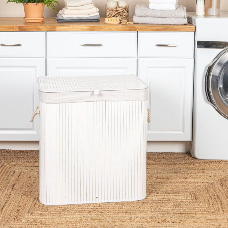 White Bamboo Laundry Hamper with Rope Handles and Lid