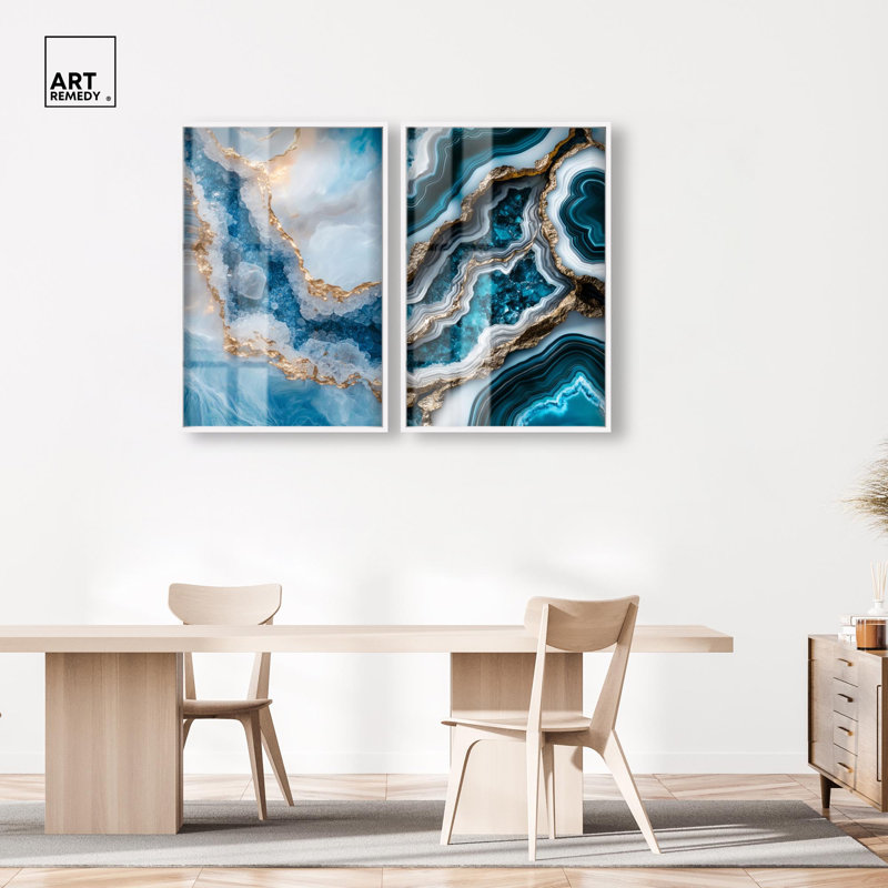 «Golden Geode Luxe Set Shadowbox», art mural bleu par Art Remedy, H 46 po x l 31 po, Blanc