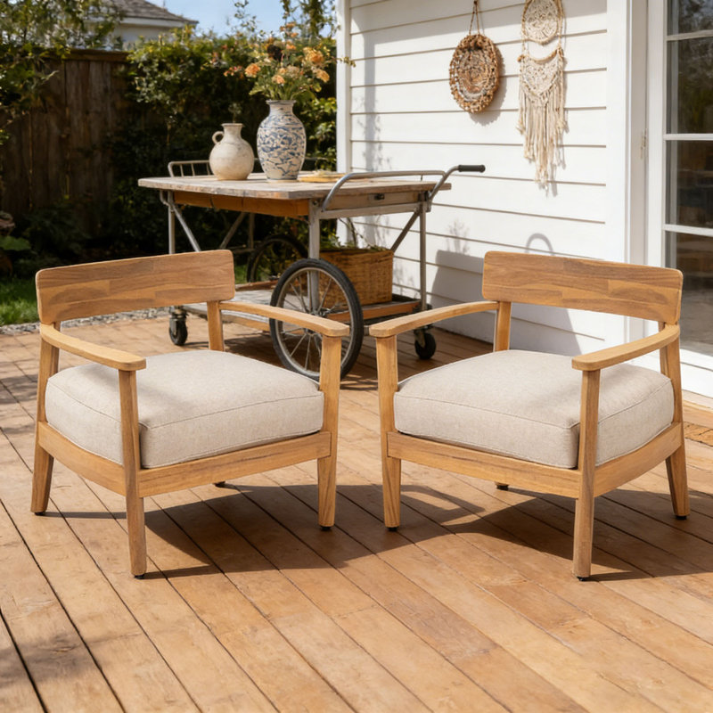 Wood Club Chair With Seat Cushion, Beige-2