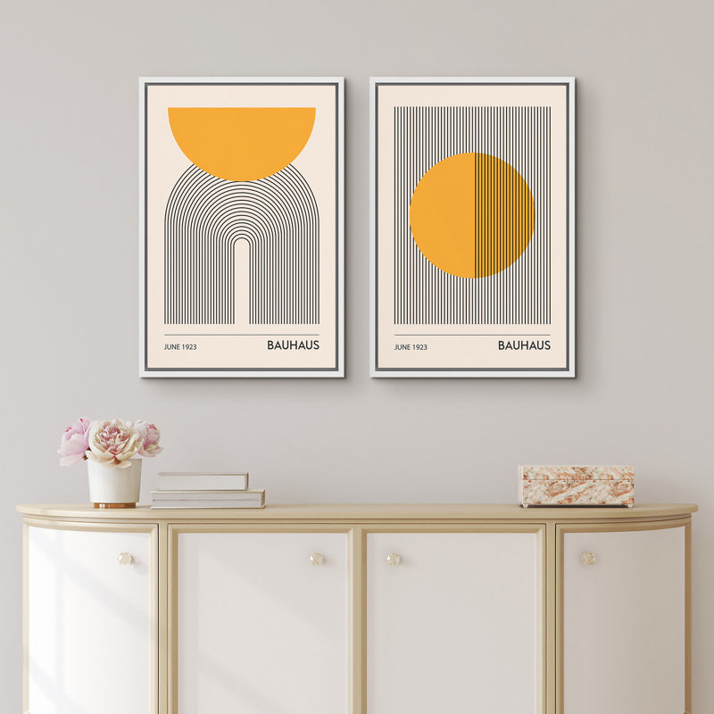 Mid Century Modern Boho Bauhaus Solar Sun Abstract Art Decor Framed On Canvas 2 Pieces Print, White, 36" H x 48" W x 1.5" D