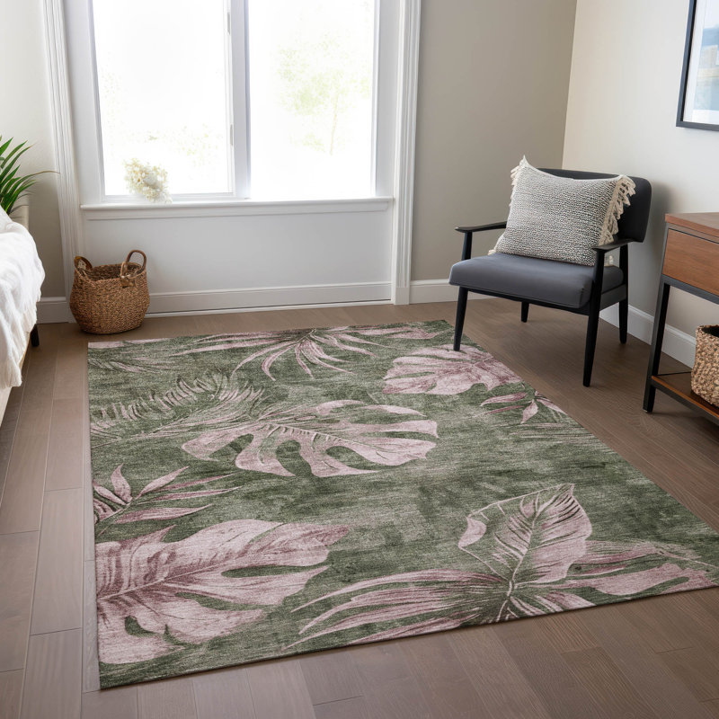 Tapis olive intérieur / extérieur lavable à la machine Xhevrie, Rectangle 10 pi x 14 pi