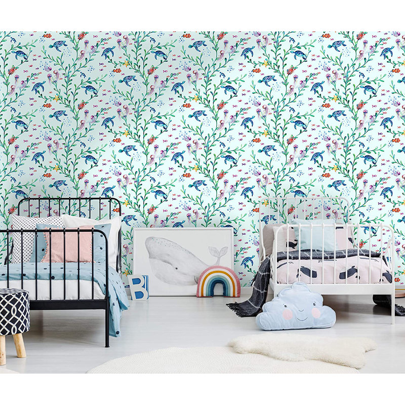 Lam Animal Print Sea Creatures 10.05cm x 53cm Smooth Non-pasted Wallpaper Roll, Light Teal