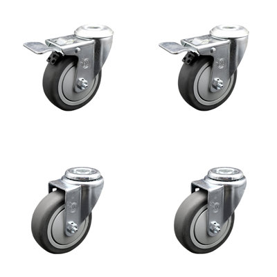 4 Inch SS Thermoplastic Rubber Bolt Hole Caster Set with 2 Total Lock Brake SCC