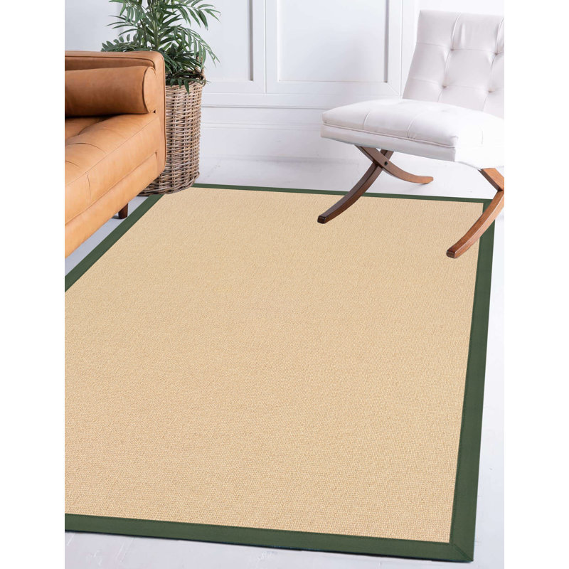 Nannette Handmade Light Beige Berber with Green Cotton Border Made in the USA Area Rug, Rectangle 5' x 8'