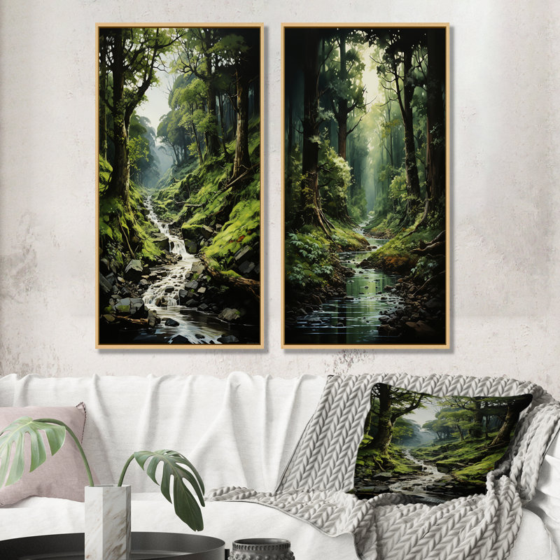 River Into Enchanted Woods - Ensemble de 2 décorations murales forêt, H 28 po x l 25 po, Encadrement brun
