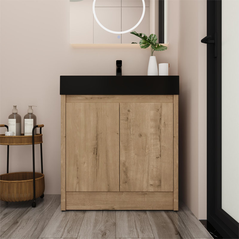 Meuble-lavabo autoportant simple 30 po avec plateau en résine et tablette Khurshid, Noir, noir, noir, noir