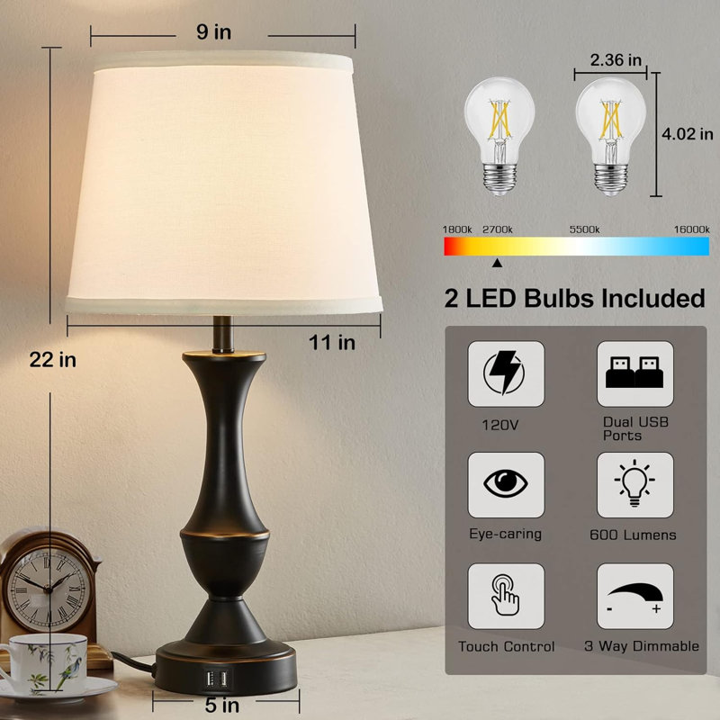 Lampe de table USB en métal, Blanc, Noir