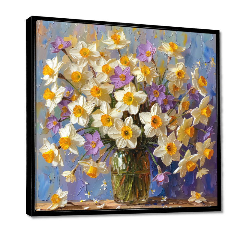Blanc, jaune, beauté royale, jonquilles - jonquilles, salon d'art mural, H 16 po x l 16 po, Cadre flottant noir