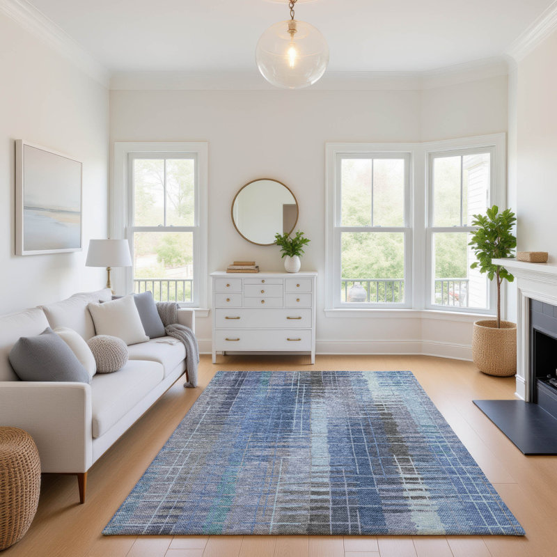 Premium Machine Washable Mayfield AMF2261 Striped Rug, Denim, 2'6" x 3'10"