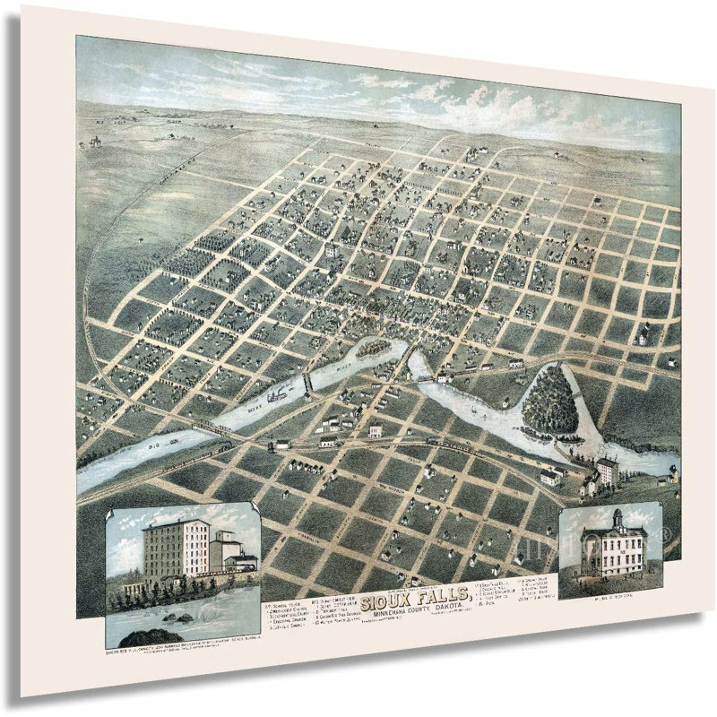 Carte rétro du Dakota du Sud de Sioux Falls en 1881 - impression sur papier, H 18 po x l 24 po x 0,1 po