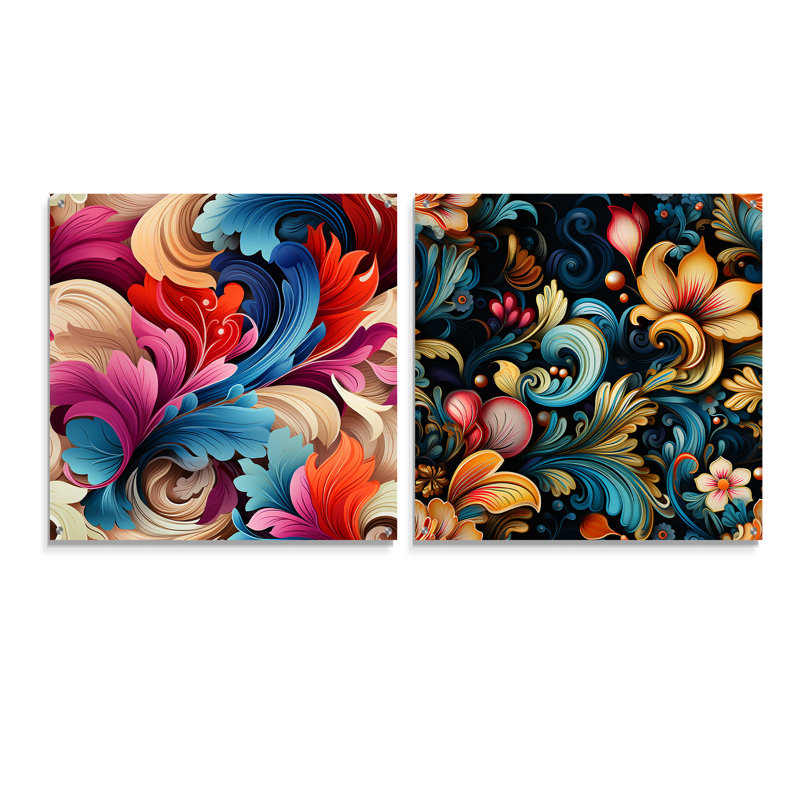 Motif de cachemire rétro - ensemble de 2 verres muraux abstraits en acrylique, H 16 po x l 33 po