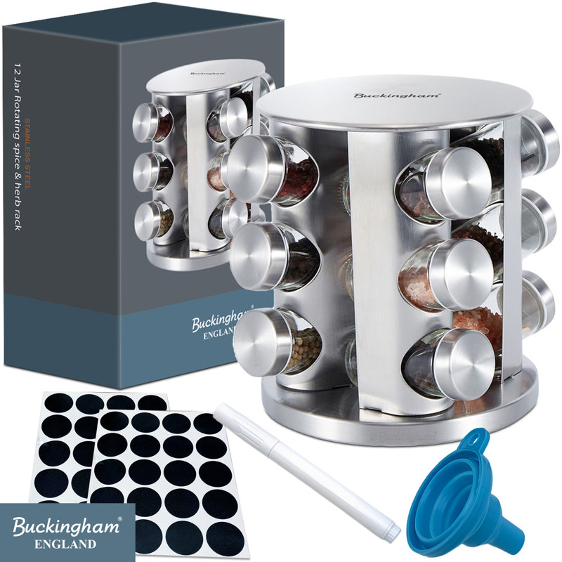 Buckingham Stainless Steel Rotating Spice Rack including 12 Glass Jars 