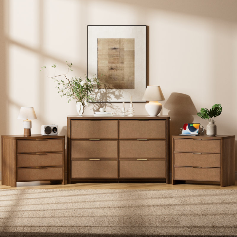 Ensemble de chambre à coucher en rotin, commode à 6 tiroirs et tables de chevet à 3 tiroirs, commode moderne de 47,2 po de largeur et conception à bord arrondi pour la chambre à coucher, ensemble de table de chevet de 28,3 po de largeur avec 2 grands espaces de rangement