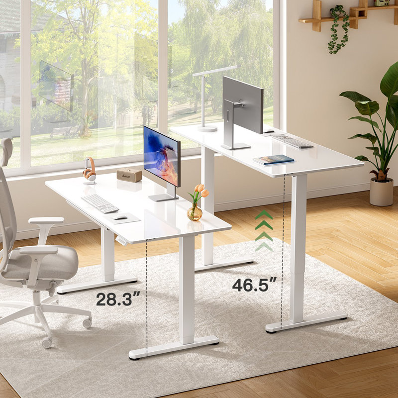 Glass Standing Desk with Writable Surface and Built-In Storage Drawers, Adjustable Height, White, 28.3" H x 39.4" W x 23.6" D